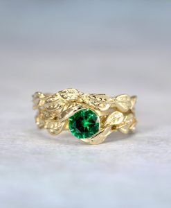 Emerald Wedding Ring Set, Leaf Ring Set Unique Wedding Ring Set - Image 7