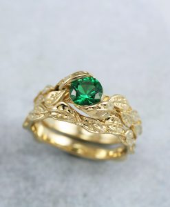 Emerald Wedding Ring Set, Leaf Ring Set Unique Wedding Ring Set