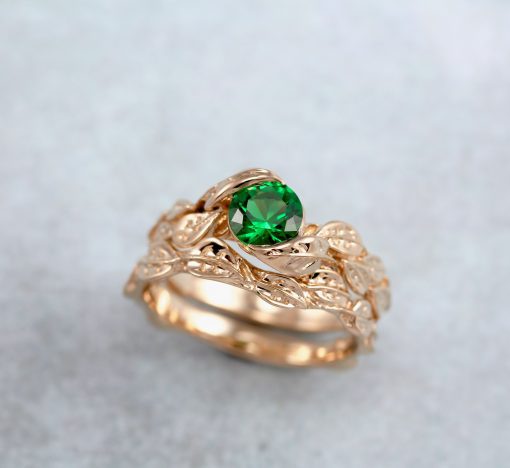 Emerald Wedding Ring Set, Leaf Ring Set Unique Wedding Ring Set