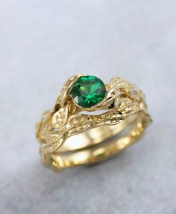 Emerald Wedding Ring Set, Leaf Ring Set Unique Wedding Ring Set - Image 3