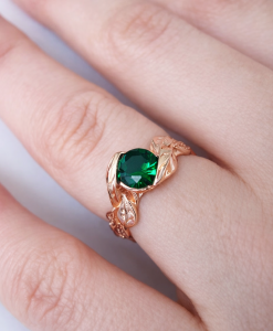 Rose gold ring with emerald, nature inspired leaf design, green gemstone engagement ring, unique gold jewelry for her