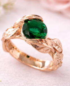 Rose gold ring with emerald, nature inspired leaf design, green gemstone engagement ring, unique gold jewelry for her