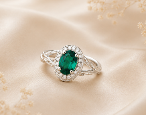 Twig Emerald Halo Engagement Ring, Emerald Wood Engagement Ring