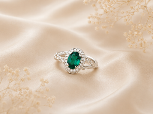 Twig Emerald Halo Engagement Ring, Emerald Wood Engagement Ring