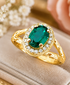 Twig Emerald Halo Engagement Ring, Emerald Wood Engagement Ring