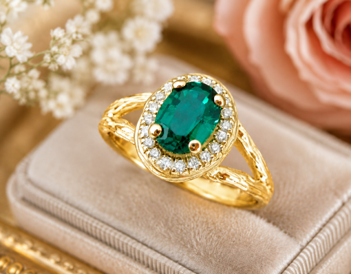 Twig Emerald Halo Engagement Ring, Emerald Wood Engagement Ring