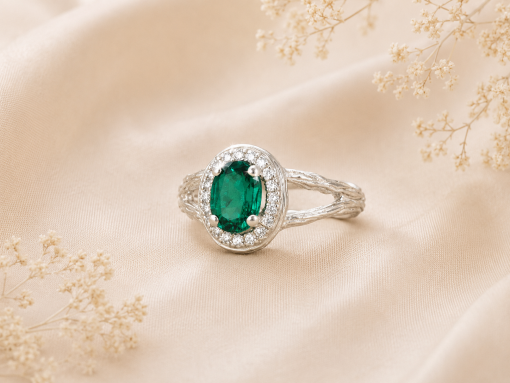 Twig Emerald Halo Engagement Ring, Emerald Wood Engagement Ring