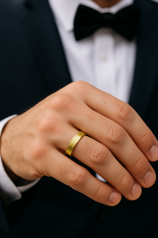 4.5mm gold wedding band with texture lines