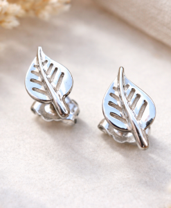 White Gold Stud Leaves Earrings, Gold Nature Leaves Earrings - Image 10