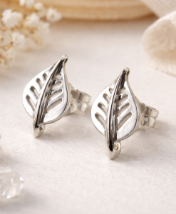 White Gold Stud Leaves Earrings, Gold Nature Leaves Earrings - Image 7