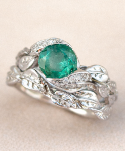 Leaves Engagement Set, Emerald Bridal set