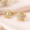 Gold Flower Stud Earrings With Gems, Floral Studs In Gold Gold Flower Stud Earrings With Gems, Floral Studs In Gold