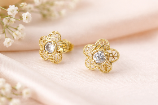 Gold Flower Stud Earrings With Gems, Floral Studs In Gold Gold Flower Stud Earrings With Gems, Floral Studs In Gold