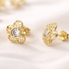 Gold Flower Stud Earrings With Gems, Floral Studs In Gold Gold Flower Stud Earrings With Gems, Floral Studs In Gold