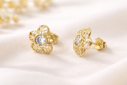 Gold Flower Stud Earrings With Gems, Floral Studs In Gold Gold Flower Stud Earrings With Gems, Floral Studs In Gold