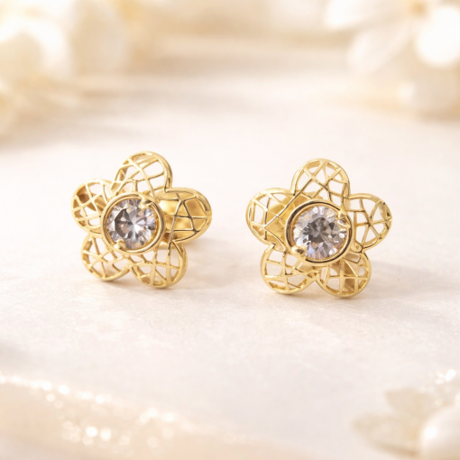Gold Flower Stud Earrings With Gems, Floral Studs In Gold Gold Flower Stud Earrings With Gems, Floral Studs In Gold