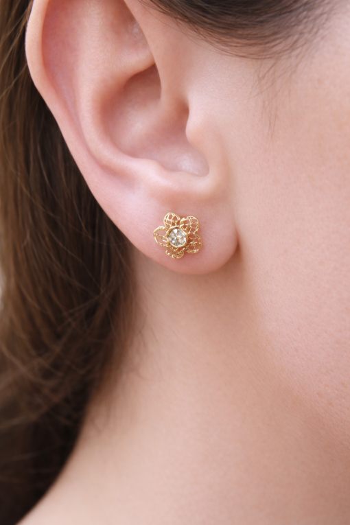 Gold Flower Stud Earrings With Gems, Floral Studs In Gold Gold Flower Stud Earrings With Gems, Floral Studs In Gold