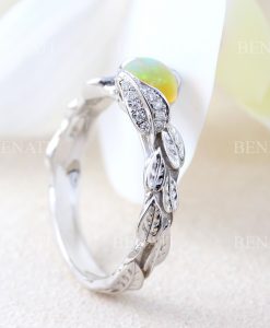 Opal Leaf Engagement Ring, Nature Inspired Leaves Diamond Opal Ring - Image 2