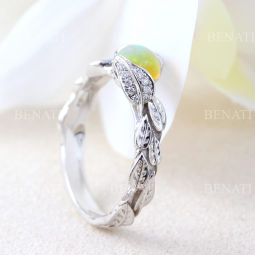 Rose Gold Natural Opal Ring, Leaf Engagement Ring