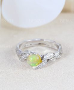Opal Leaf Engagement Ring, Nature Inspired Leaves Diamond Opal Ring - Image 3