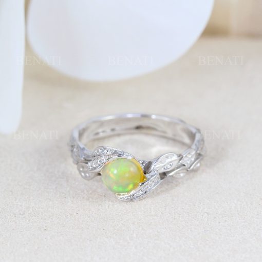 Rose Gold Natural Opal Ring, Leaf Engagement Ring