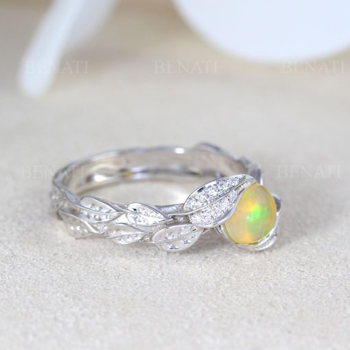 Opal Leaf Engagement Rose Gold Ring, Leaf Opal Ring