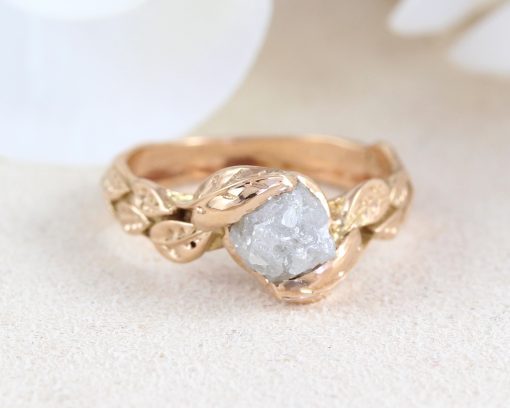 Transparent Raw Rough Diamond Trio in Recycled Gold- Custom Made Uncut  Diamond Engagement Ring and Matching Wedding Band in Recycled Gold