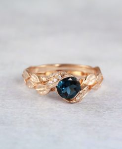 London Blue Topaz Leaf Engagement Ring With Diamonds, White Gold Leaves Ring - Image 2