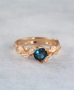 London Blue Topaz Leaf Engagement Ring With Diamonds, White Gold Leaves Ring - Image 3