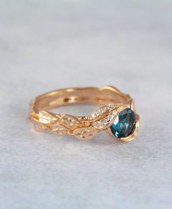 London Blue Topaz Leaf Engagement Ring With Diamonds, White Gold Leaves Ring - Image 4