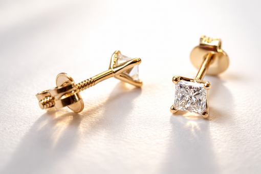 Princess Cut Diamond Gold Stud Earrings, Diamond Stud Earrings