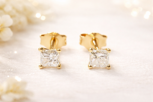 Princess Cut Diamond Gold Stud Earrings, Diamond Stud Earrings