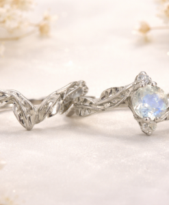 Wedding Set with Moonstone Leaf Engagement Ring, Bridel Set Leaf Ring - Image 2