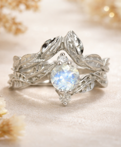 Silver leaf engagement ring with oval rainbow moonstone, nature inspired vintage wedding ring, handmade unique bridal jewelry