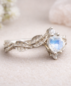 Wedding Set with Moonstone Leaf Engagement Ring, Bridel Set Leaf Ring - Image 9