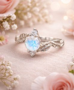 Wedding Set with Moonstone Leaf Engagement Ring, Bridel Set Leaf Ring - Image 3