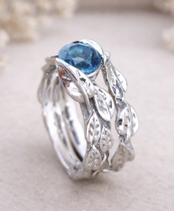 Leaf Engagement Ring Set, Blue Topaz Wedding Ring Set - Image 4