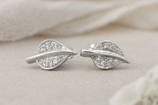 Dainty Gold Stud Leaves Earrings, Diamond stud Leaves earrings