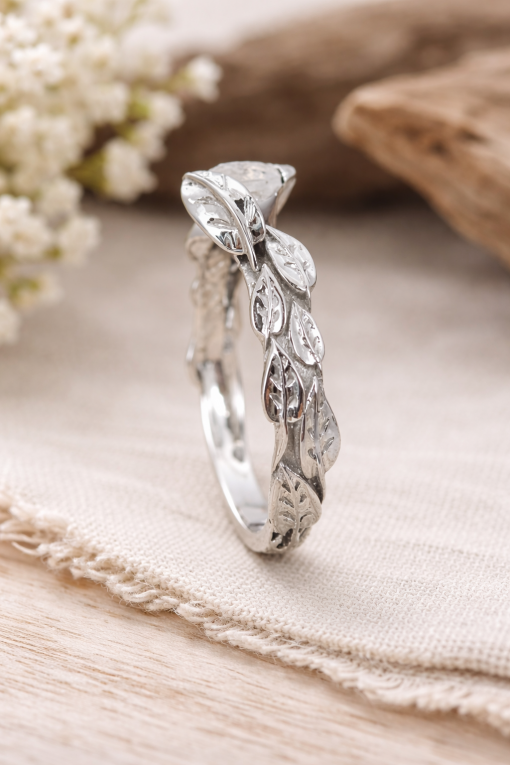 Rainbow Moonstone White Gold Leaf Ring, Rainbow Moonstone Engagement Ring