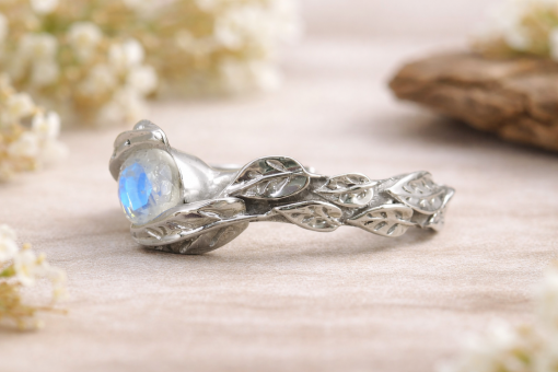 Rainbow Moonstone White Gold Leaf Ring, Rainbow Moonstone Engagement Ring