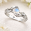 Rainbow Moonstone White Gold Leaf Ring, Rainbow Moonstone Engagement Ring