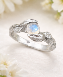 Rainbow Moonstone White Gold Leaf Ring, Rainbow Moonstone Engagement Ring - Image 2