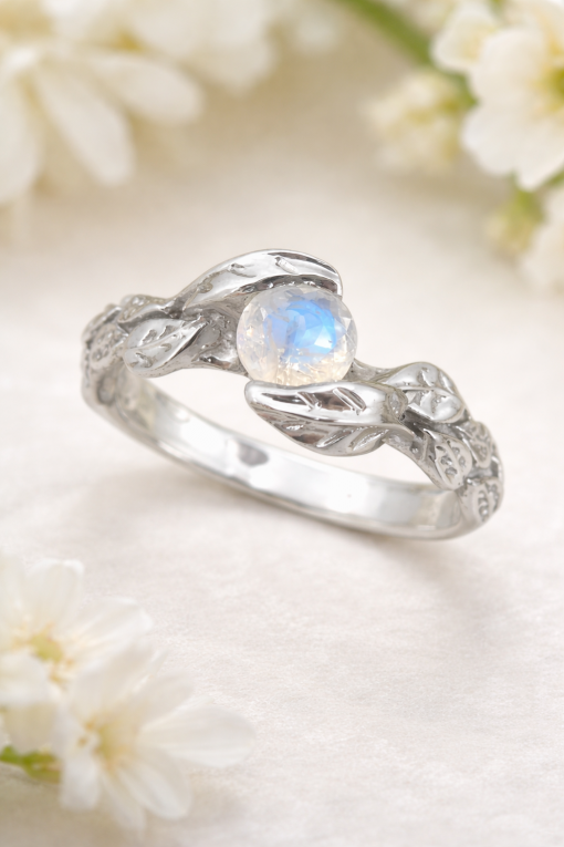 Rainbow Moonstone White Gold Leaf Ring, Rainbow Moonstone Engagement Ring