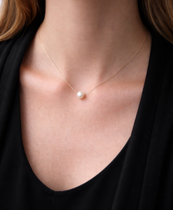 Single Pearl Gold Necklace, Floating Pearl 14k Gold Necklace - Image 3