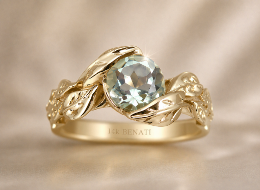 Green amethyst engagement ring with leaves band