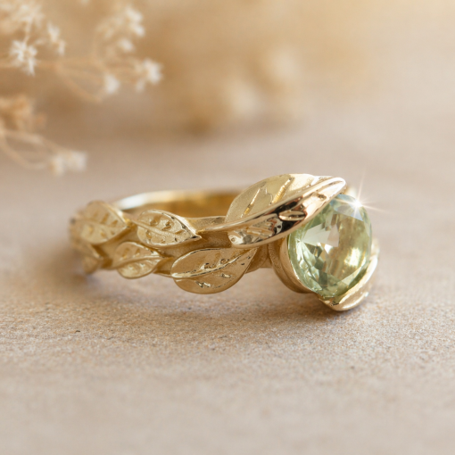 Leaf Engagement Ring, Green Amethyst Engagement Ring