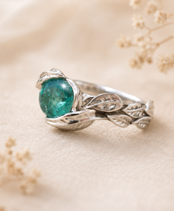 Natural Emerald Engagement Ring, Leaf Ring - Image 4
