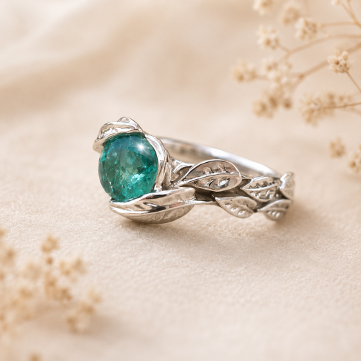 Natural Emerald Engagement Ring, Leaf Ring Natural Emerald Engagement Ring, Leaf Ring
