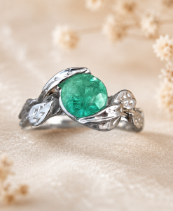 Natural Emerald Engagement Ring, Leaf Ring - Image 2