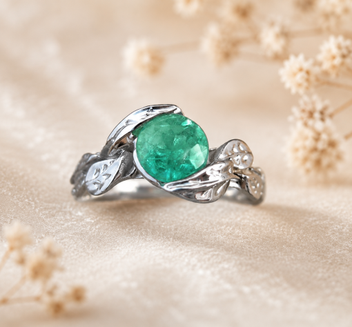 Natural Emerald Engagement Ring, Leaf Ring Natural Emerald Engagement Ring, Leaf Ring